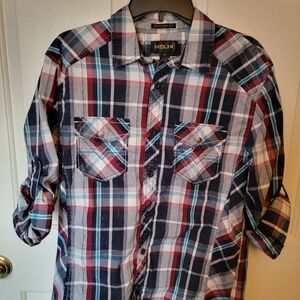 Helix, young men's, red and blue, medium, buttondown shirt.